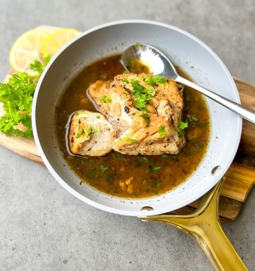 White Fish with Brown Butter and Garlic Sauce