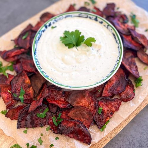 Air Fryer Beet Chips with Tahini Ranch