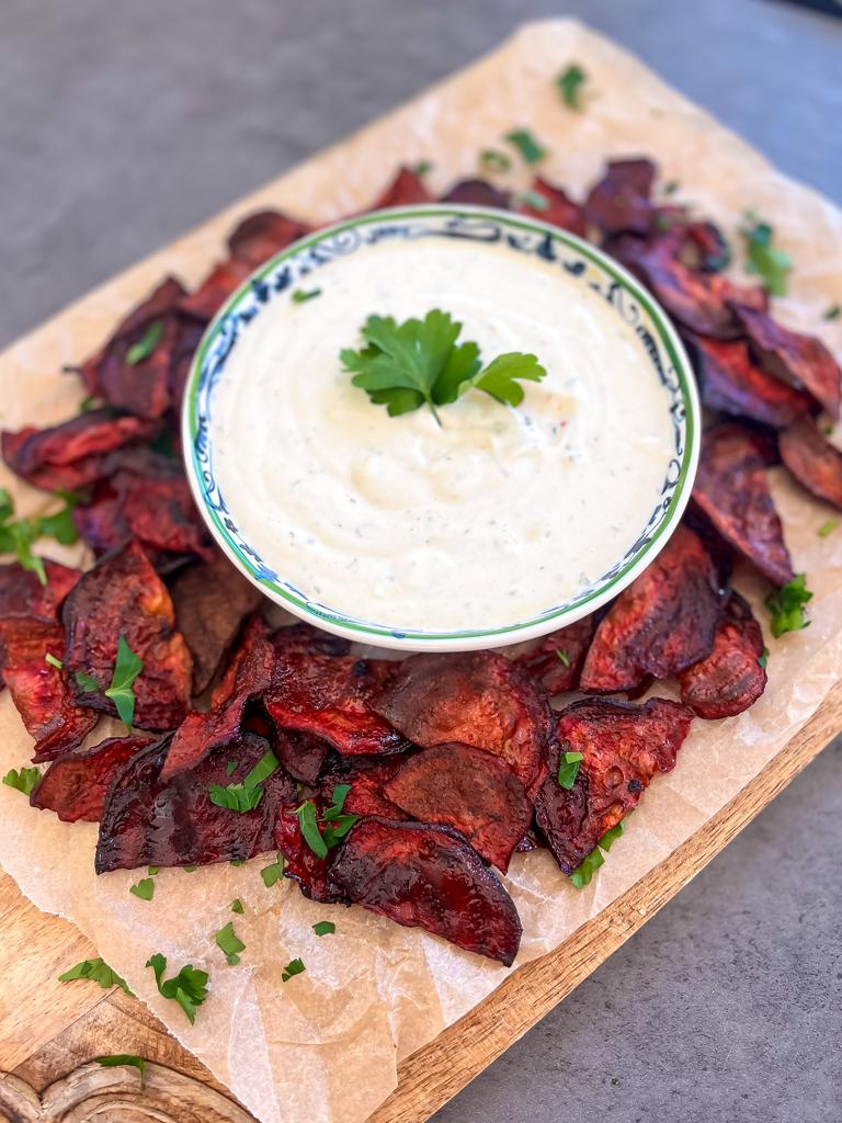 Air Fryer Beet Chips with Tahini Ranch