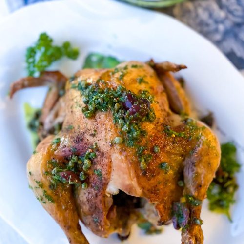 Easy Roast Chicken with Kalamata Olive Chimichurri