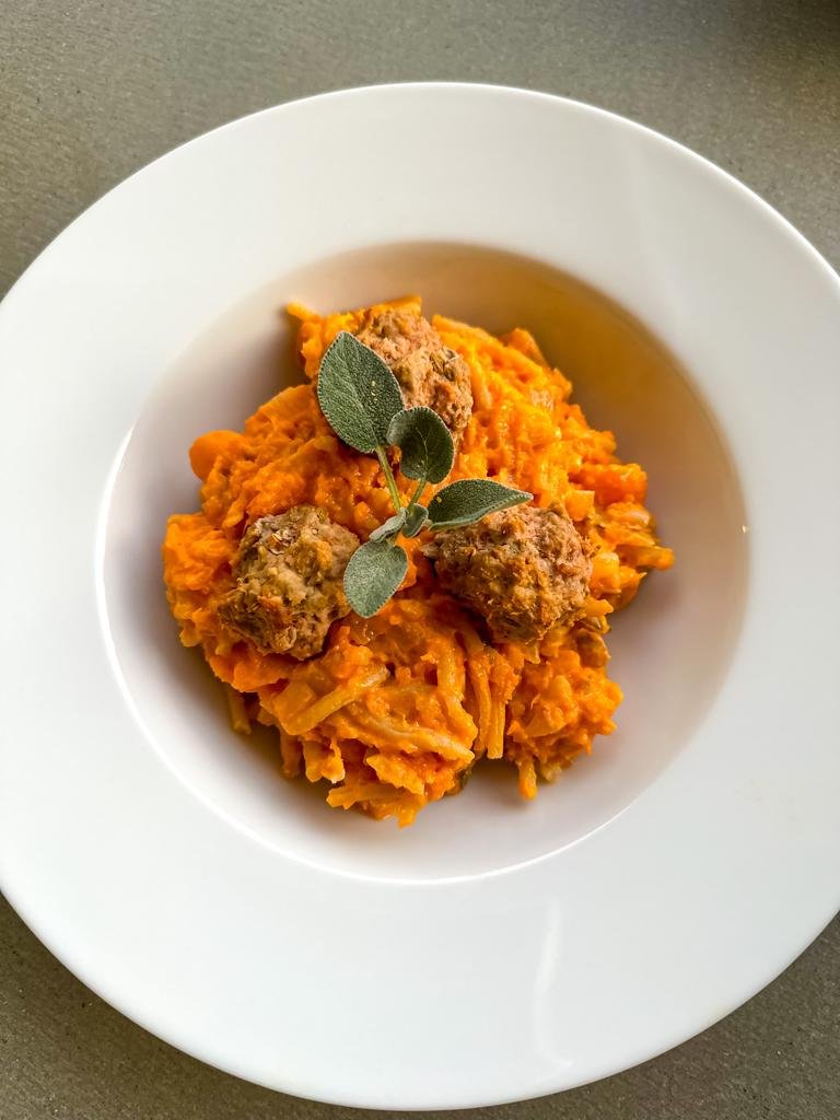 Spicy Butternut Squash Pasta with Harissa Turkey Meatballs