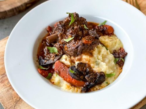 Braised Beef Short Ribs à la Bourguignon with Whipped Olive Oil Chive Potatoes