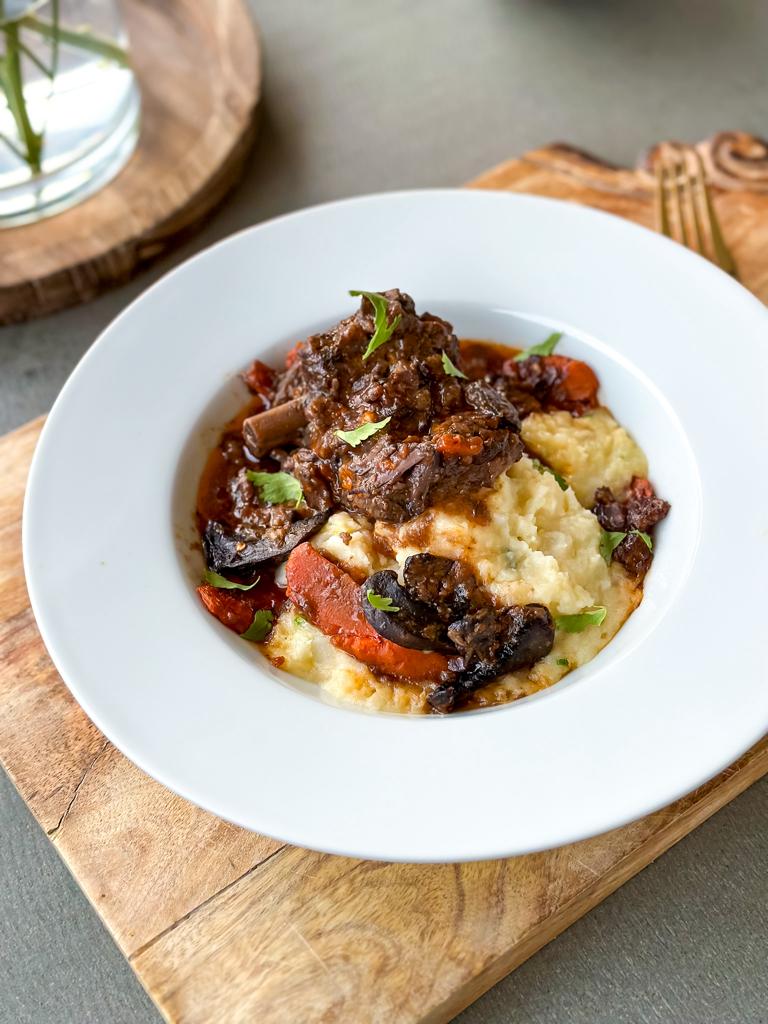 Braised Beef Short Ribs à la Bourguignon with Whipped Olive Oil Chive Potatoes